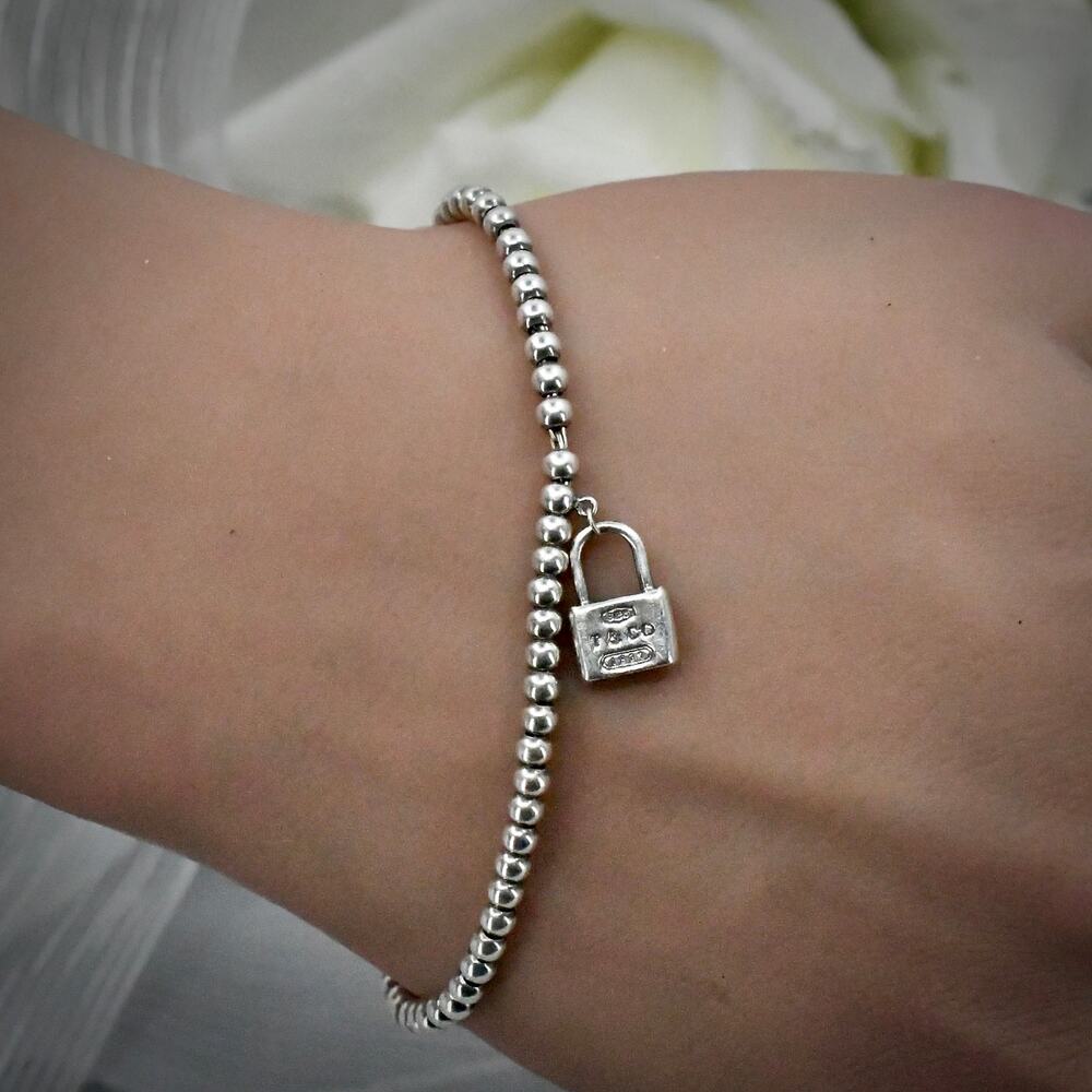 Tiffany & Co 1837 Padlock Bead Bracelet 925 Sterling Silver Ball Chain - Picture 6 of 6